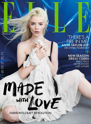 Anya Taylor-Joy #seethrough drops onto the floor of a glossy blue studio for Elle UK