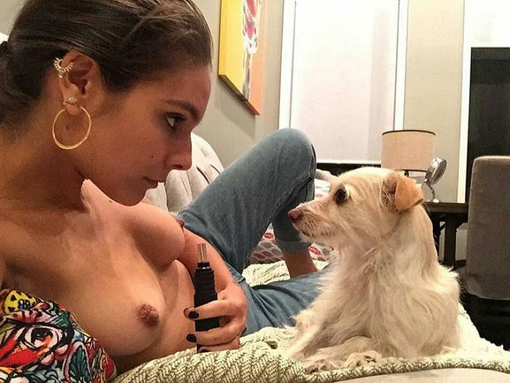 Caitlin Stasey with dog and naked boobs